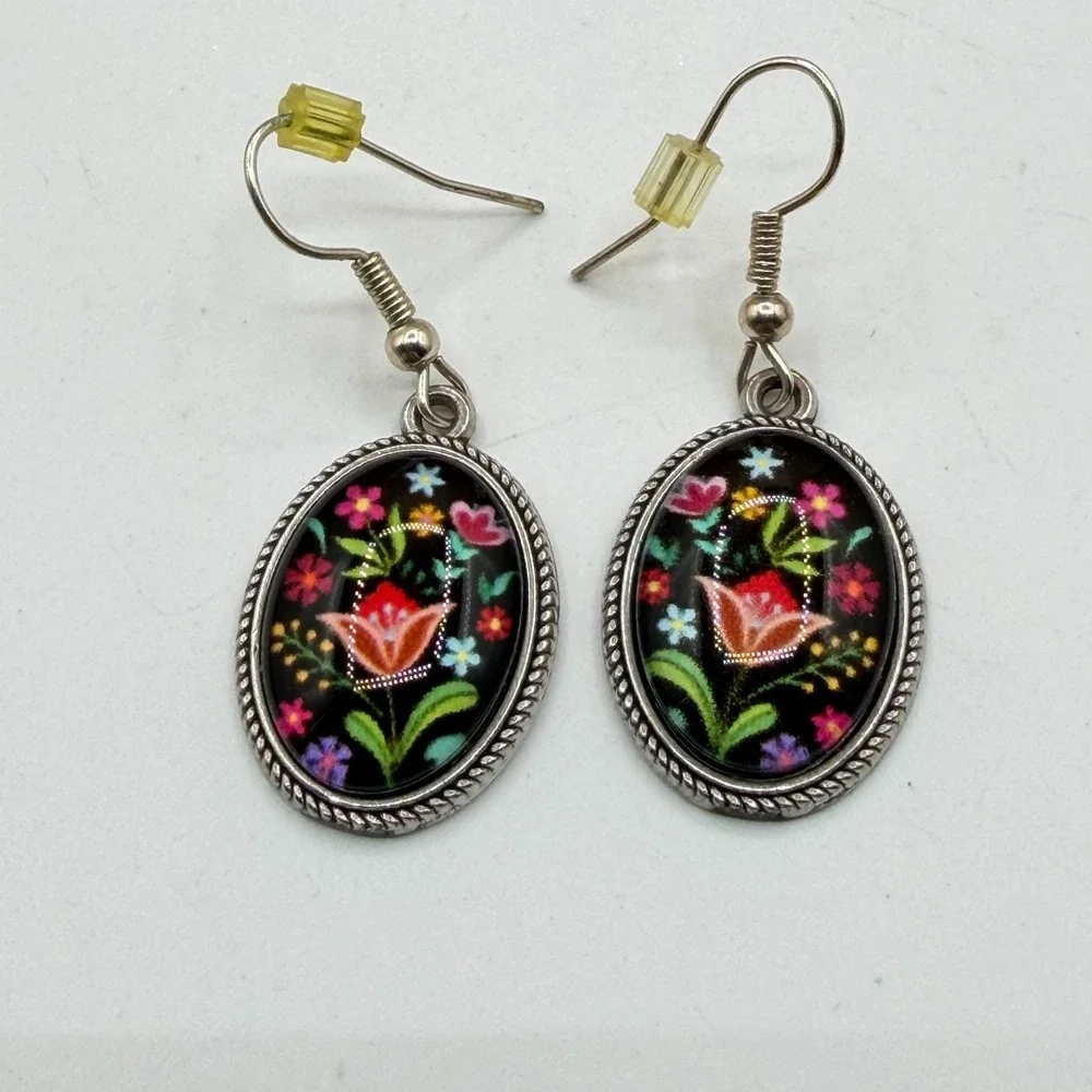 Floral Folk Art Earrings Black Multicolor Flower Oval Silver Tone Dangle Pair
